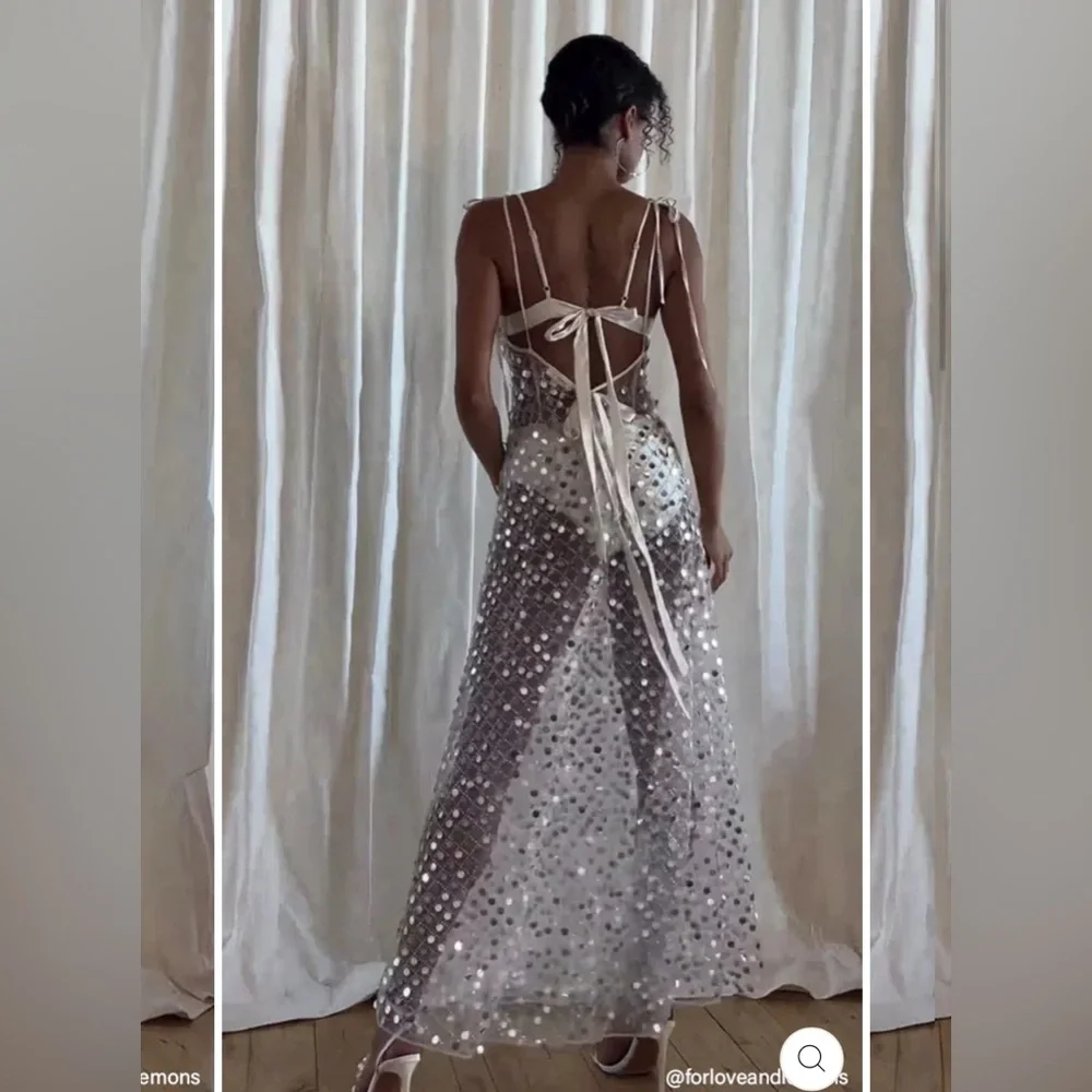 For Love & Lemons Charelle Maxi Dress in Silver - Size Small - Picture 3 of 11